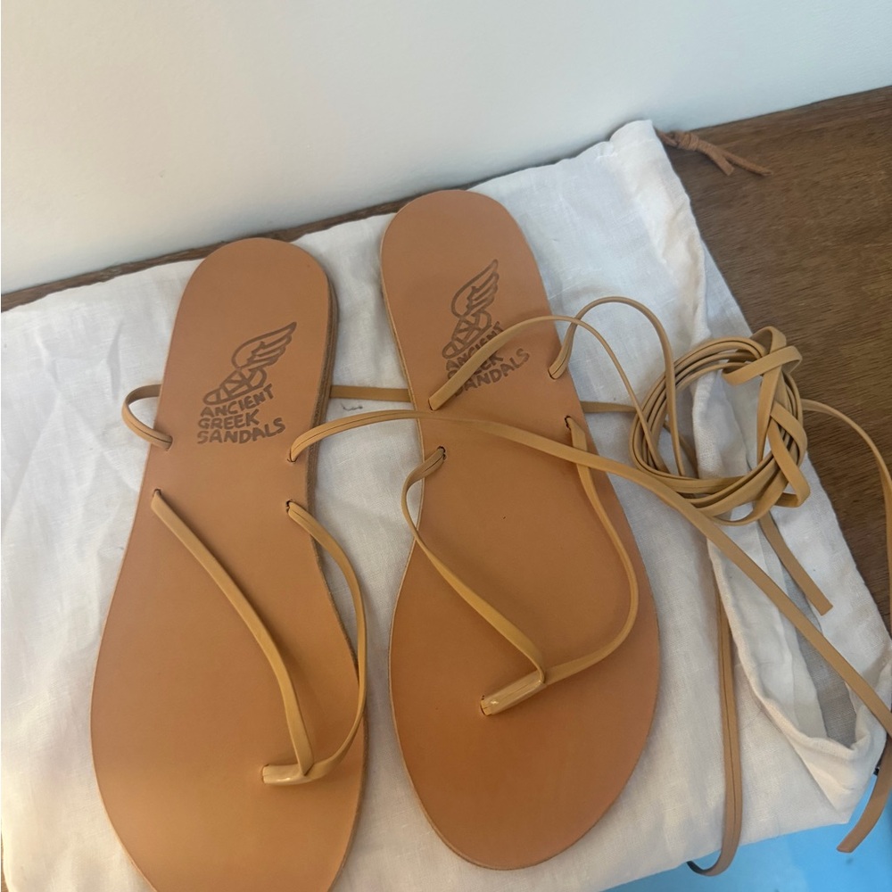 Ancient Greek Sandals Leather Lace-Up Flat Sandals in Tan